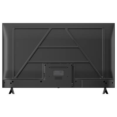 Rückansicht eines Flachbildfernsehers auf Standbeinen, zeigt Montageplatte, Anschlussbereich und geometrisches hinteres Stützdesign.