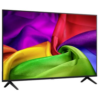 Flachbildfernseher zeigt bunte abstrakte stoffähnliche Wirbel in Regenbogenfarben auf weißem Hintergrund.