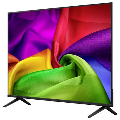 Flat-Screen-Fernseher mit farbenfrohem abstraktem Wirbelmuster auf dem Bildschirm, gezeigt in einer produkttypischen Ansicht auf einem Ständer.