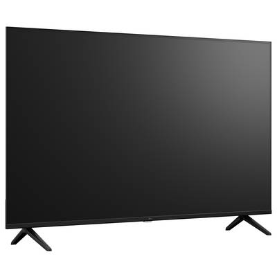 Großer Flachbildfernseher mit leerem schwarzem Display auf zwei abgewinkelten Standbeinen, gezeigt vor weißem Hintergrund.