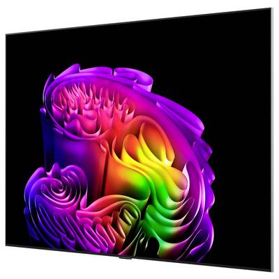 Abstrakte, farbenfrohe 3D-Faltwellenband-Formen, die ein leuchtendes Regenbogenspiralenmuster auf schwarzem Hintergrund bilden, dargestellt auf einem geneigten Bildschirm oder einer geneigten Leinwand