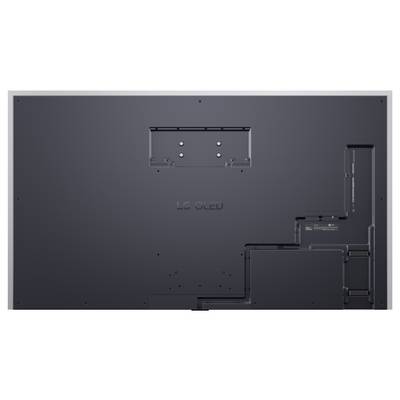 Rückseite eines LG OLED-Fernsehers mit großem schwarzem Rückpanel und Befestigungspunkten sowie Kabelführungskanälen auf der rechten Seite.