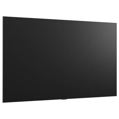 Großer Flachbild-Fernseher mit leerem dunklem Bildschirm auf weißem Hintergrund, leicht geneigt dargestellt.