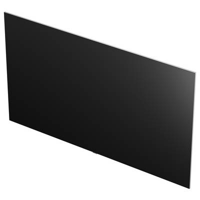 Ein großer schwarzer Flachbildfernseher oder Monitor in einer Schrägansicht auf weißem Hintergrund.