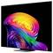 Flachbildfernseher, der ein lebendiges abstraktes Regenbogen-Wirbelmuster auf schwarzem Hintergrund anzeigt, auf einem Ständer montiert.