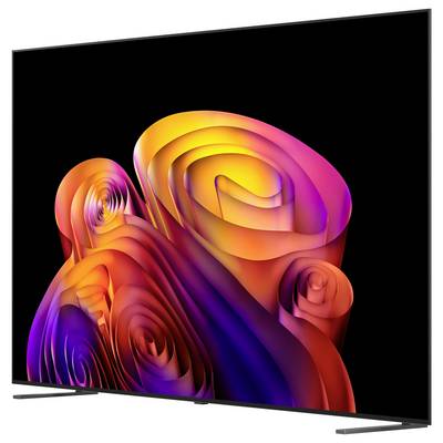 Flachbildfernseher zeigt abstrakte, farbenfrohe wirbelnde 3D-Formen auf schwarzem Hintergrund.