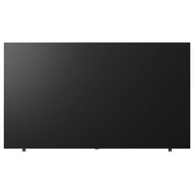 Schwarzer leerer Flachbildfernseher oder Monitor auf einem Ständer, vor einem einfachen, hellen Hintergrund gezeigt.