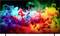 Ein TV-Bildschirm zeigt abstrakte, wirbelnde Wolken aus farbiger Farbe in einem Regenbogenverlauf, von Blau und Rosa auf der linken Seite bis zu Gelb und Orange auf der rechten Seite.