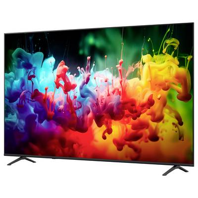Flachbild-Fernseher, auf dem ein lebendiger abstrakter Spritzer aus mehrfarbiger Farbe oder Rauch auf dunklem Hintergrund zu sehen ist.
