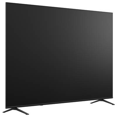 Großer Flachbildfernseher mit leerem schwarzem Display und schlanken Beinen, Vorderansicht auf weißem Hintergrund.