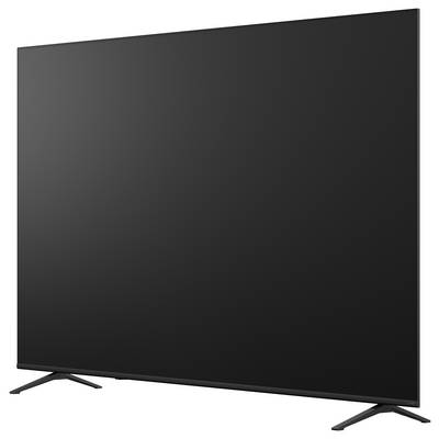 Ein schwarzer Flachbildfernseher auf zwei schrägen Standbeinen, Vorderansicht vor weißem Hintergrund.
