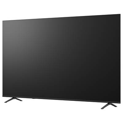 Ein großer Flachbildfernseher mit schwarzem Bildschirm und schmalen Rahmen auf zwei schrägen Beinen.