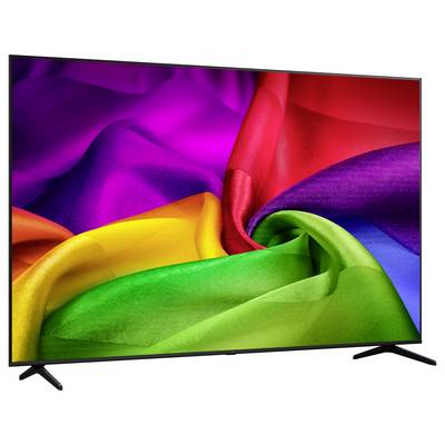 Flachbildfernseher mit lebendiger abstrakter Abbildung von wirbelndem, regenbogenfarbenem Stoff oder Seide auf weißem Hintergrund.