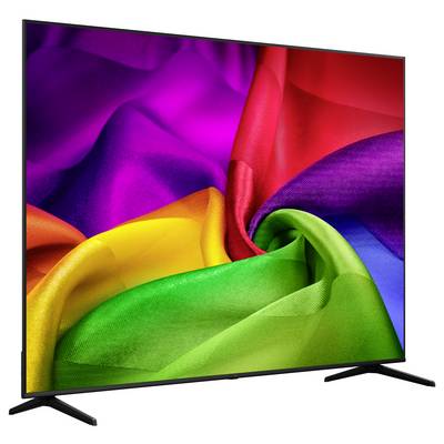Flachbild-Fernseher, auf dem ein lebendiges abstraktes Wirbelmuster aus regenbogenfarbenen, stoffähnlichen Formen angezeigt wird