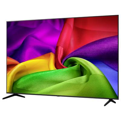 Ein Flachbildschirm-Fernseher zeigt ein lebhaftes Regenbogen-Farbspiel von stoffähnlichen Farben auf weißem Hintergrund an.