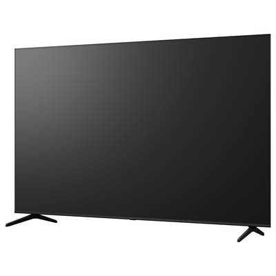 Großer schwarzer Flachbildfernseher auf Ständer, präsentiert auf weißem Hintergrund.