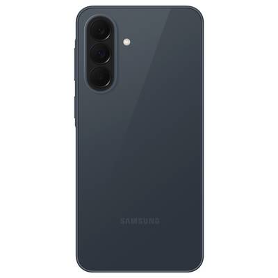 Rückansicht eines dunkelblau Samsungs Smartphones mit dreifacher Hintergrundkamera in einem vertikalen Modul und einem kleinen Blitz.