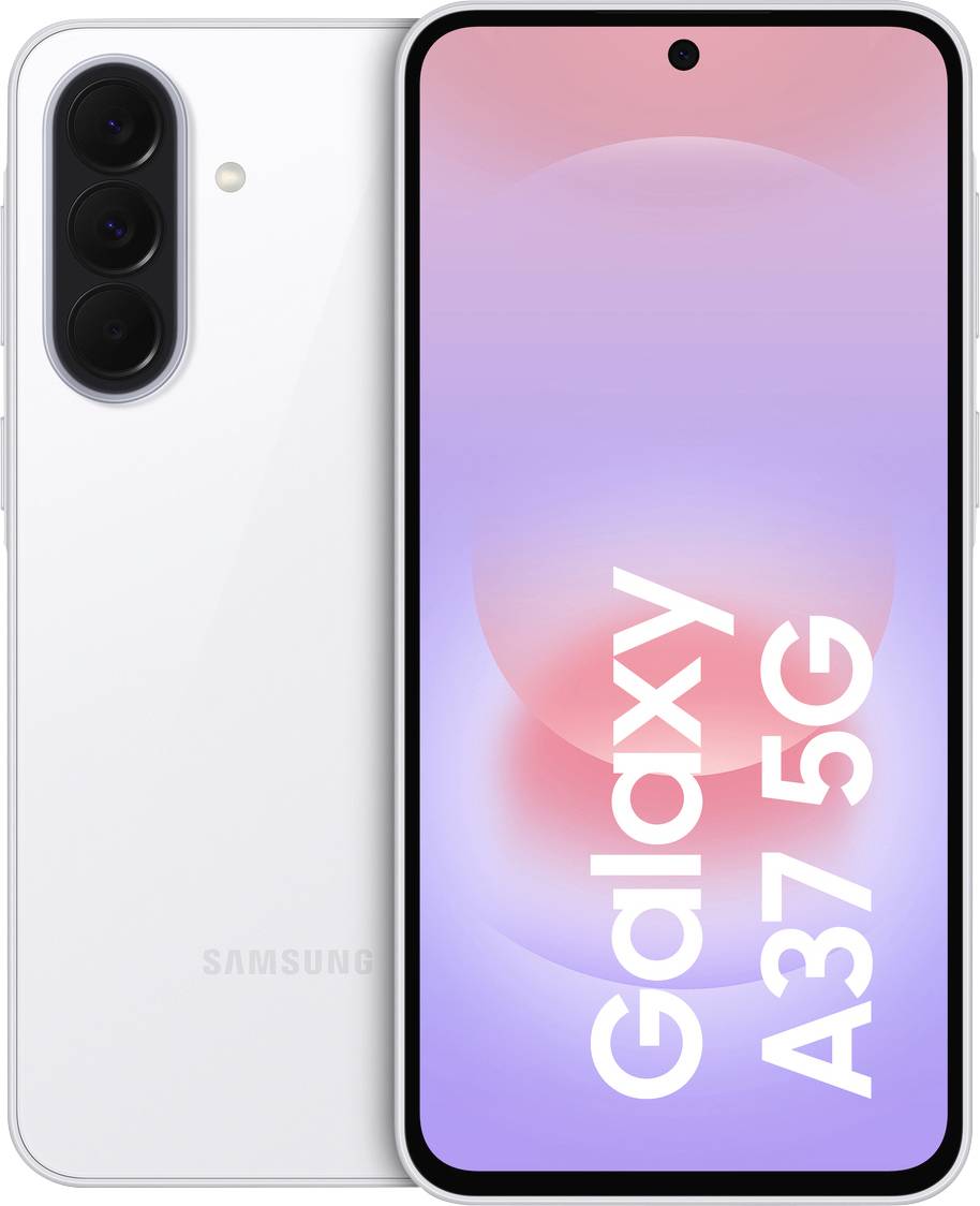 Samsung Galaxy A37 5G Smartphone, shown von vorne und hinten in Weiß, mit dreifacher Rückfahrtkamera und rosa-violettem Display mit der Aufschrift „Galaxy A37 5G".