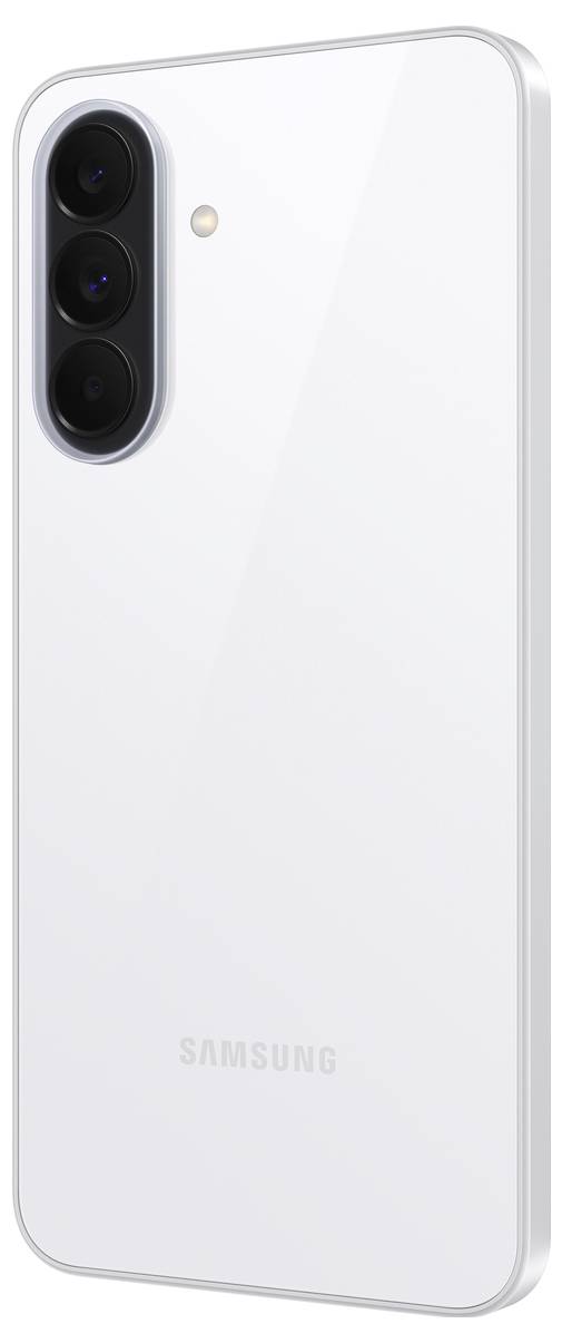Weißes Samsung-Smartphone von hinten gezeigt, mit einem vertikalen Triple-Kamera-Modul und Blitz in der oberen linken Ecke.