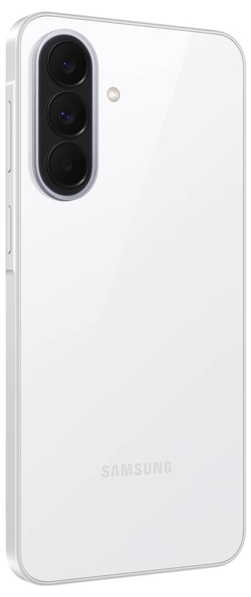 Weißes Samsung-Smartphone, von hinten gezeigt, mit dreifacher Rückfahrtkamera in einem vertikalen schwarzen Modul und einem Blitz.