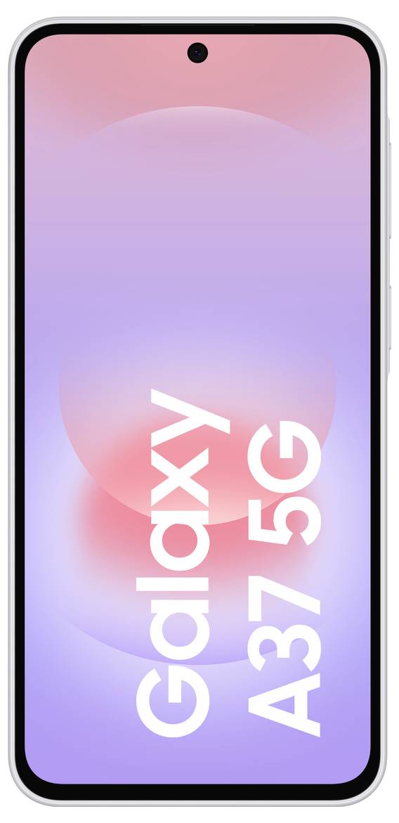 Frontansicht eines Samsung Galaxy A37 5G Smartphones mit einem lila-rosa Farbverlauf-Bildschirm, auf dem der Text „Galaxy A37 5G" angezeigt wird.