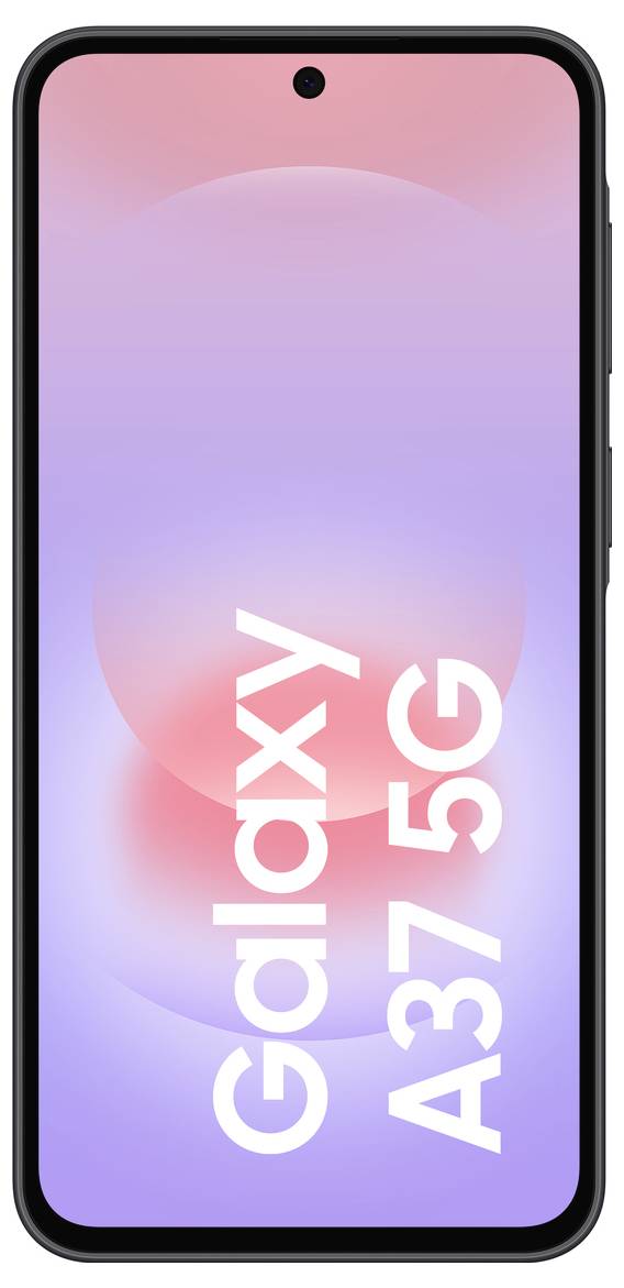 Vorderansicht eines Samsung Galaxy A37 5G Smartphones mit einem pastellrosa bis violetten Bildschirm, der den Text "Galaxy A37 5G" anzeigt.