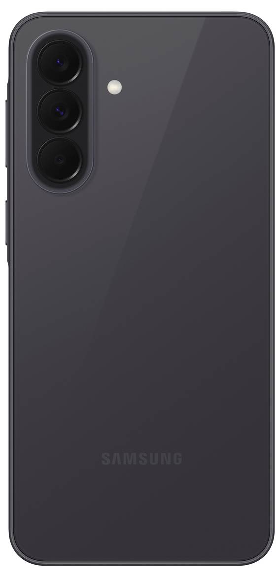Rückseite eines dunkelgrauen Samsung-Smartphones mit dreifach angeordneten vertikalen Kameraobjektiven und einem Blitz in der oberen linken Ecke.