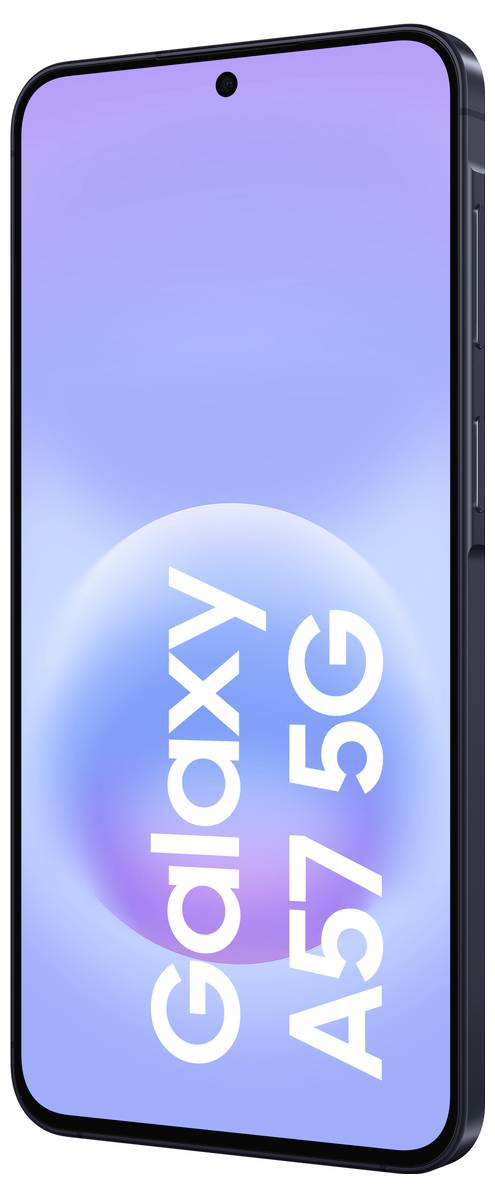 Vorderansicht eines Samsung Galaxy A57 5G Smartphones mit einem lila Farbverlauf-Bildschirm, der das Logo „Galaxy A57 5G" anzeigt.