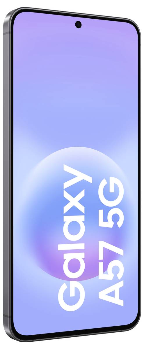 Vorderansicht eines Galaxy A57 5G Smartphones mit einem blauen Farbverlauf-Bildschirm und den Worten "Galaxy A57 5G" vertikal angezeigt.