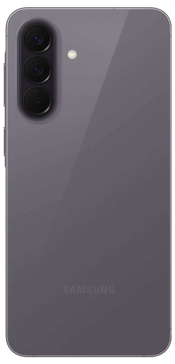 Rückansicht eines grauen Samsung-Smartphones mit dreifacher Rückkamera und Blitz in der oberen linken Ecke.