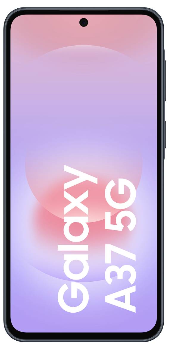 Frontansicht eines Samsung Galaxy A57 5G Smartphones mit einem violett-blauen Farbverlauf-Bildschirm, auf dem das Logo "Galaxy A57 5G" vertikal angezeigt wird.