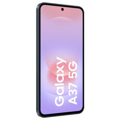 Samsung Galaxy A37 5G Smartphone, in einem Winkel gezeigt mit einem rosa-violetten Farbverlauf auf dem Bildschirm und einer zentrierten Lochkamera auf der Vorderseite.