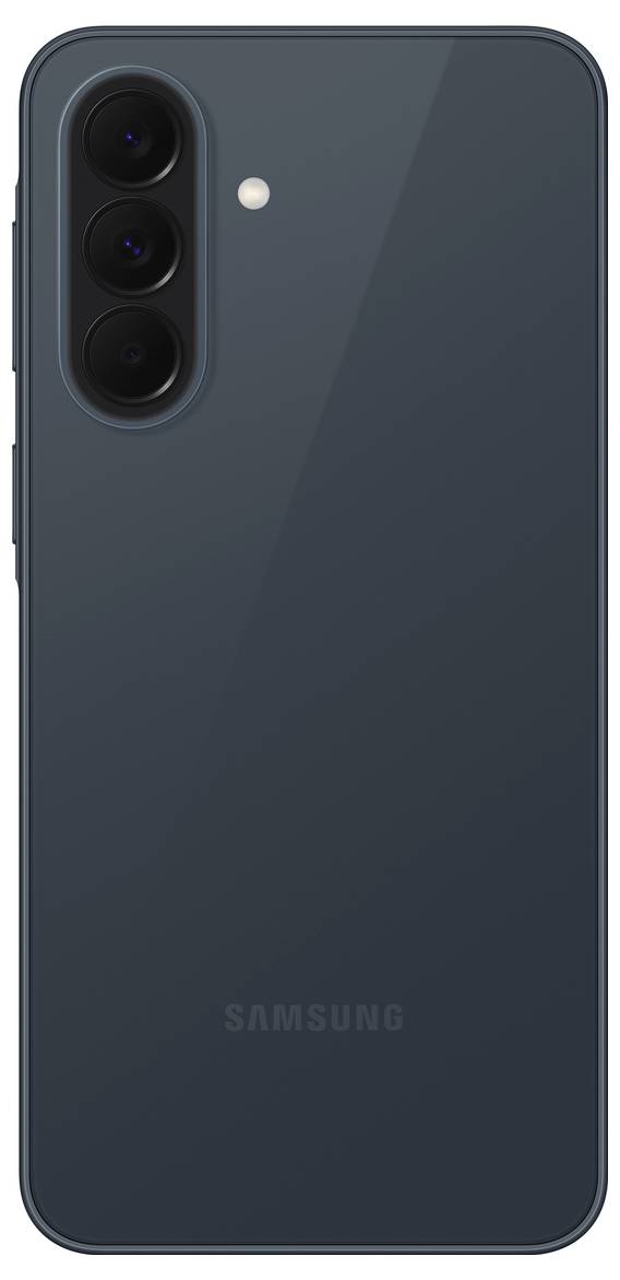 Rückseite eines dunkelblau Samsung-Smartphones mit dreifacher Rückkamera in einem vertikalen Modul und einem kleinen Blitz.