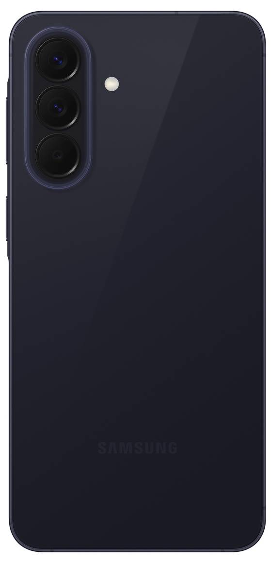 Rückseite eines dunklen Samsung-Smartphones mit dreifach Hintergrundkameras in einem vertikalen Modul und einem kleinen Blitz in der Nähe der oberen linken Ecke.