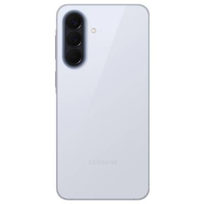 Rückseite eines hellblauen Samsung-Smartphones mit drei vertikal angeordneten Rückkameras und einem kleinen Blitz oben links.