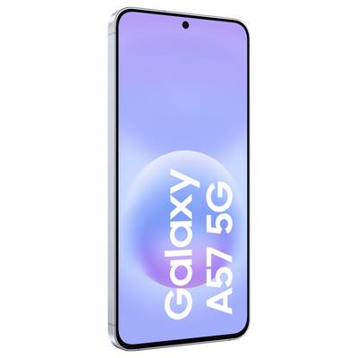 Nahaufnahme eines Samsung Galaxy A57 5G Smartphones mit einem blau-violetten Farbverlauf-Bildschirm und dem Branding „Galaxy A57 5G".