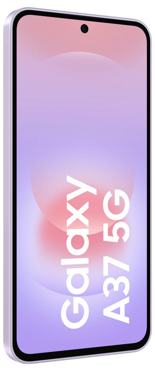 Samsung Galaxy A37 5G Smartphone in Vorderansicht auf einem rosa-violetten Farbverlauf-Bildschirm angezeigt, mit "Galaxy A37 5G" vertikal angezeigt.