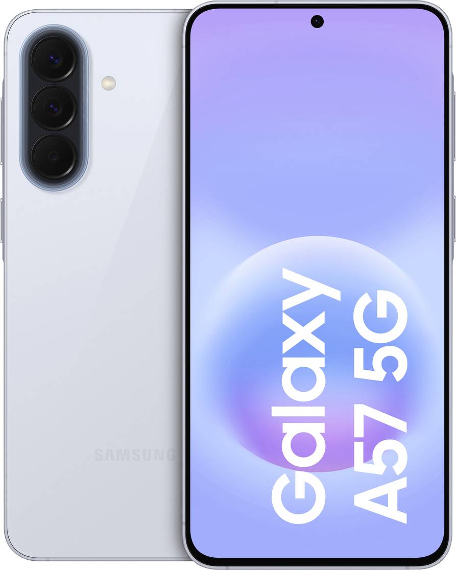 Samsung Galaxy A57 5G Smartphone von vorne und hinten gezeigt, silberner Gehäuse mit dreifacher Rückkamera und Display mit der Aufschrift "Galaxy A57 5G".