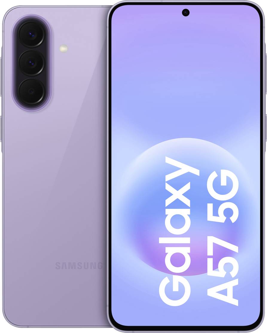 Samsung Galaxy A57 5G-Smartphone von vorne und hinten in Lavendel dargestellt, mit dreifacher Rückfahrtkamera und ganzseitiger Anzeige.