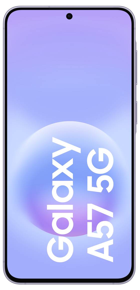 Frontansicht eines Samsung Galaxy A57 5G Smartphones mit einem blauvioletten Gradient-Bildschirm und einer zentral positionierten Loch-Kamera.