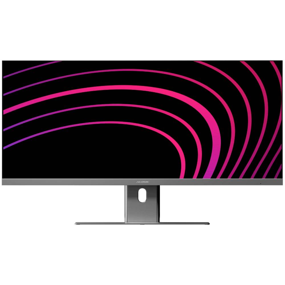 Ein breitbildiger Computermonitor mit schwarzem Bildschirm, der magenta- und violettfarbene gekrümmte Linien anzeigt, auf einem Ständer vor weißem Hintergrund.