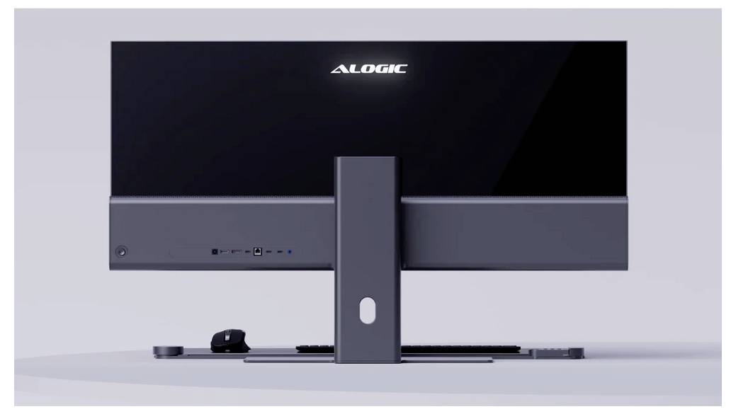 Rückansicht eines ALOGIC-Desktopmonitors auf einem Ständer, der die zentrierte Stützsäule und den Sockel vor einem einfachen hellen Hintergrund zeigt.