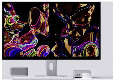 Desktop-Monitor, der abstrakte neonfarben Wirbelmuster auf schwarzem Hintergrund anzeigt, mit Tastatur und kleinen Schreibtischaccessoires darunter