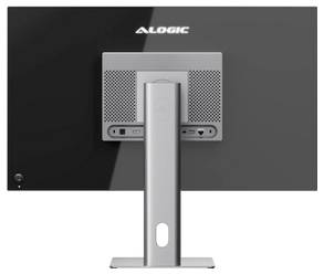 Rückansicht eines ALOGIC-Desktopmonitors auf einem silbernen Ständer, die das Bedienfeld mit Eingangsanschlüssen und Lüftungsöffnungen zeigt.