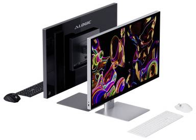 Zwei AOC-Monitore von hinten und vorne gezeigt, mit einer Tastatur und Maus, die ein Desktop-Computer-Setup veranschaulichen.