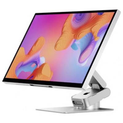 Ein schlanker Desktop-Monitor auf einem verstellbaren silbernen Ständer, schräg auf weißem Hintergrund gezeigt mit einer farbenfrohen abstrakten Bildschirmanzeige.