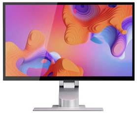 Computermonitor mit lebendiger abstrakter farbenfroher Tapete auf einem Ständer, Vorderansicht vor weißem Hintergrund.