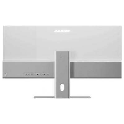 Rückansicht eines silbernen AOC-Monitors auf einem Ständer, die das Rückpanel und die hinteren Bedienelemente zeigt.