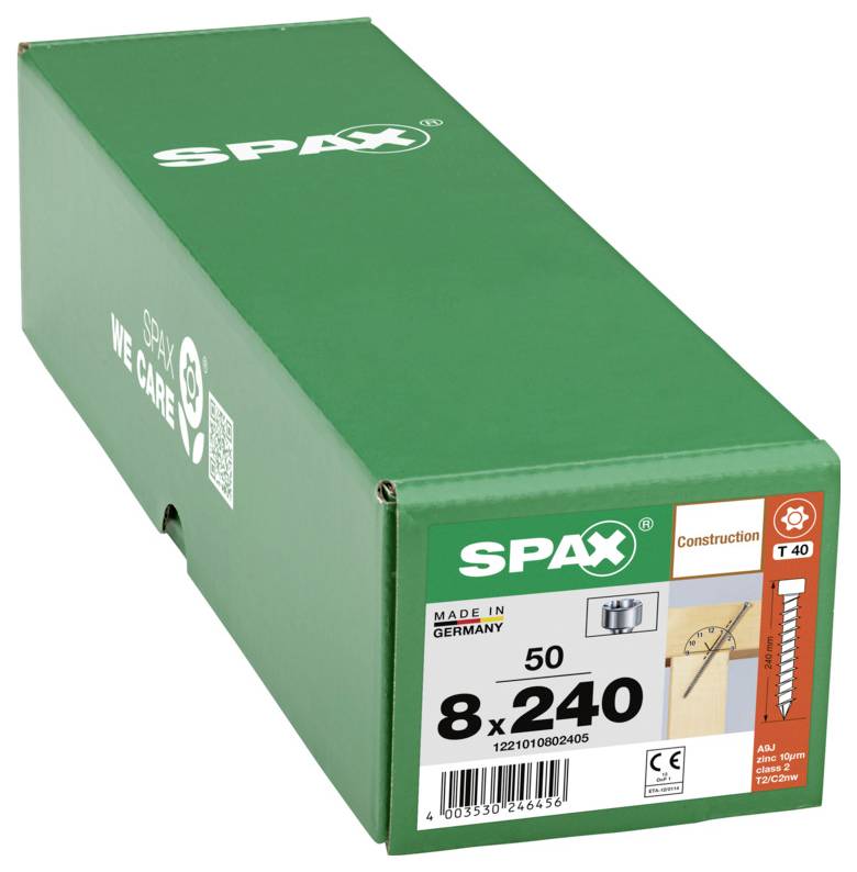 Grüne SPAX-Schachtel mit 8x240 Konstruktionsschrauben, gekennzeichnet mit "Made in Germany" und "T 40", auf weißem Hintergrund gezeigt.