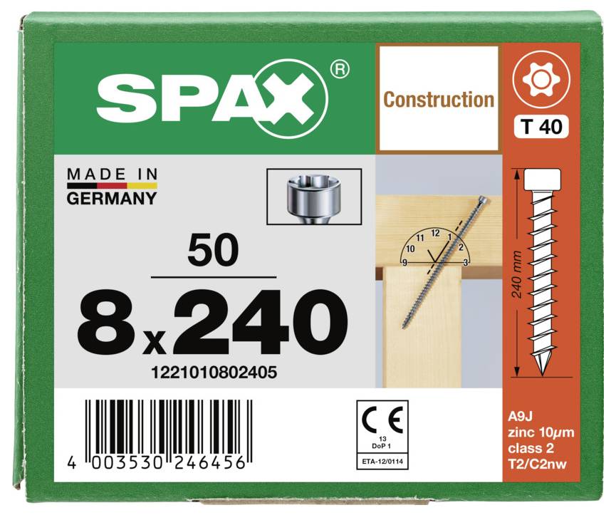 Karton mit SPAX-Konstruktionsschrauben, Größe 8x240, 50 Stück, Made in Germany, gekennzeichnet mit T40 und A9J Zink 10μm Klasse 2 T2/C2w.